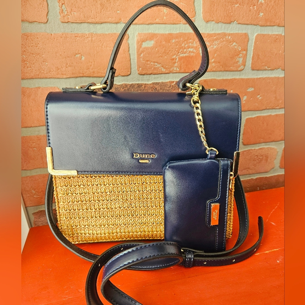 Dune London Navy and Tan Woven-Front Crossbody with Card Pouch